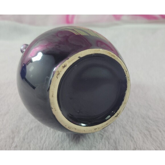 VTG Asian Double-Handle Porcelain Black Vase Gold-Trim Butterfly Floral 4" - Picture 6 of 6